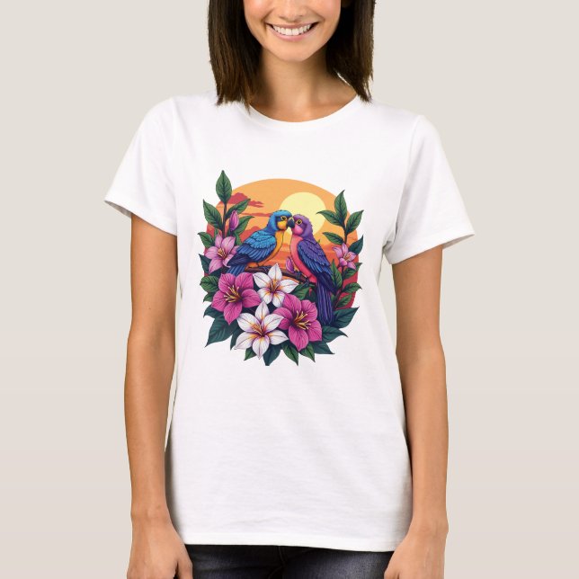 Camiseta Aves Vibrantes ao Sol com Flores Tropicais (Frente)