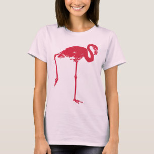 Camiseta Aves Vintage, Flamingo Rosa com Uma Perna Subida