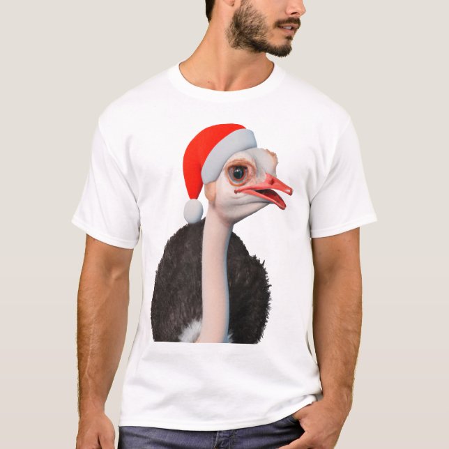 Camiseta Avestruz engraçado de Natal com chapéu de Papai No (Frente)