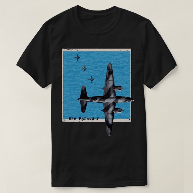 Camiseta Avião bombardeiro B26 Marauder WW2 sobre o oceano (Frente do Design)