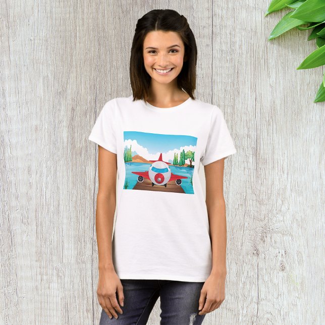 Camiseta Avião Cartoon no Lago Diversão Viagem (Criador carregado)