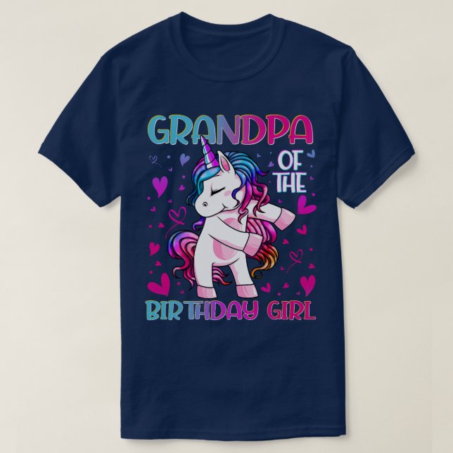 Camiseta Avô da Garota de Aniversário Flagindo Unicorn Gran (Frente do Design)