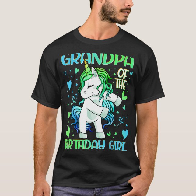 Camiseta Avô da Garota de Aniversário Flagindo Unicorn Gran (Frente)