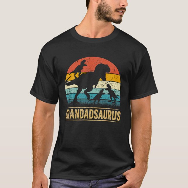 Camiseta Avô Dinossauro T Rex Grandadsaurus 3 Crianças Pai (Frente)