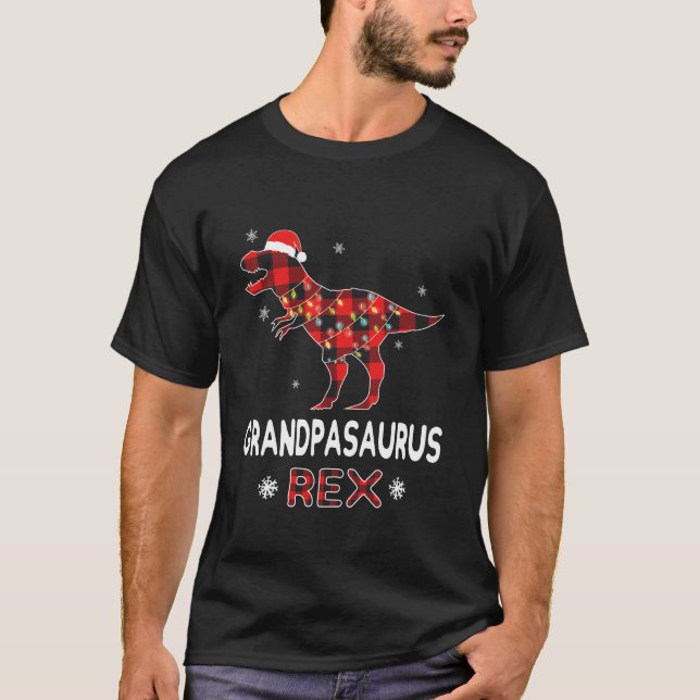 Camiseta Avô T-Rex Xadrez Vermelha Buffalo Dinossauro de Na (Frente)
