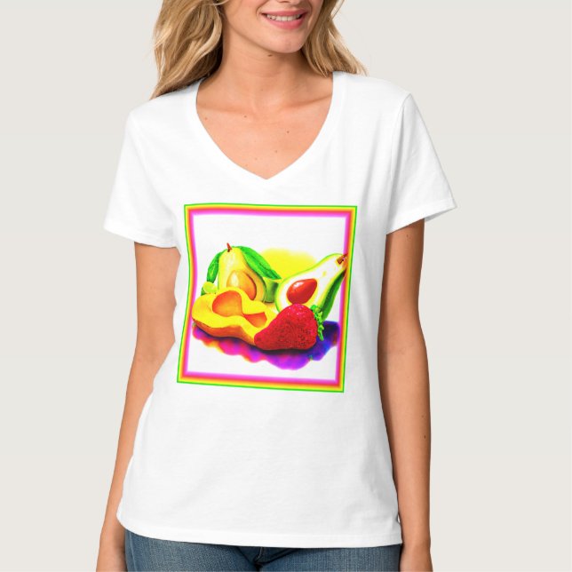 Camiseta Avocado tropical, morango e manga. Comprar Agora (Frente)
