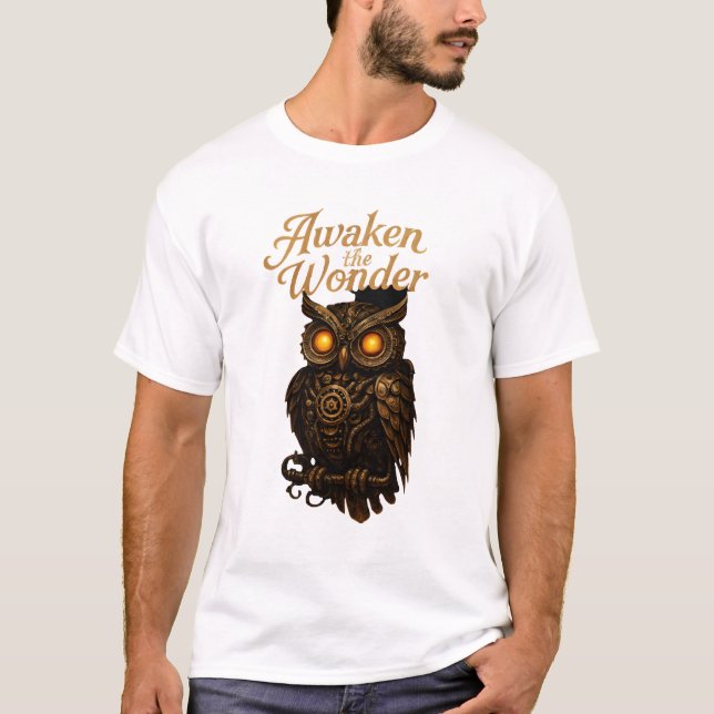 Camiseta Awakening Wonder – Mechanical Owl Art T-Shirt (Frente)