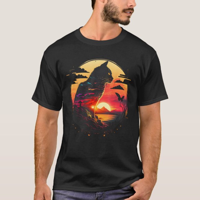Camiseta Awesome Cat Sunset Retro Aesthetic Cat  Graphic (Frente)
