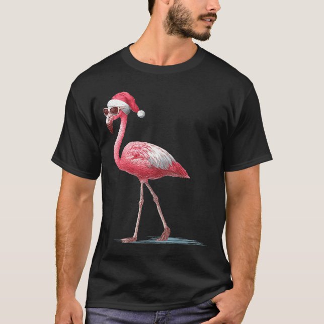 Camiseta Awesome Cool Flamingo With Christmas Hat And Sungl (Frente)