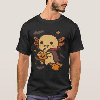 Camiseta Axolote de Halloween Bruxa Vassoura Abóbora Fantas