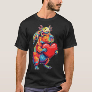 Camiseta Axolote e Capivara Fofos e Divertidos Segurando Co