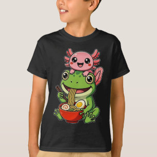 Camiseta Axolote e Sapo Engraçados Comendo Ramen Kawaii