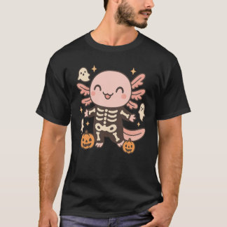 Camiseta Axolote Esqueleto de Halloween Fofa Kawaii Fantasm