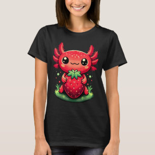 Camiseta Axolotes Fofa Morango Verão Amante de Frutas Kawai