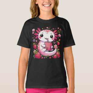 Camiseta Axolotl Bebendo Japonês Leite de Morango