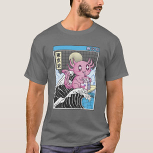 Camiseta Axolotl Bebendo Morango Leite Kanagawa Onda 80S