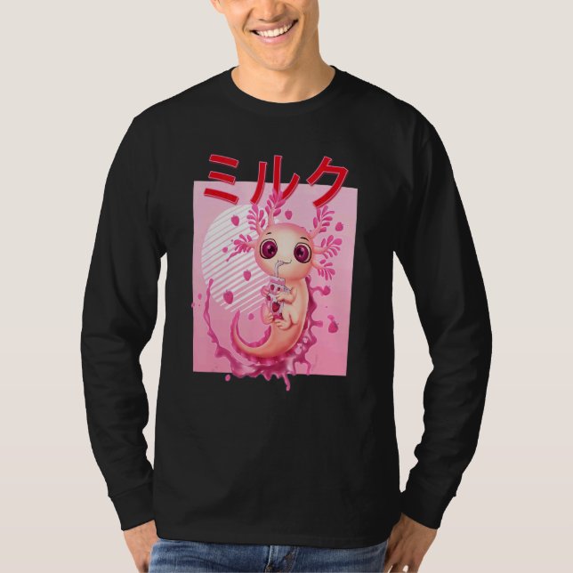Camiseta Axolotl Bebendo Morango Leite Rosa Plush Salama (Frente)