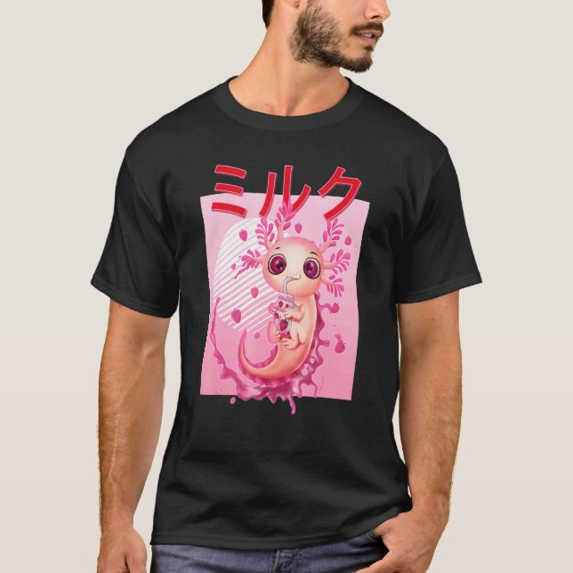 Camiseta Axolotl Bebendo Morango Leite Rosa Plush Salama (Frente)