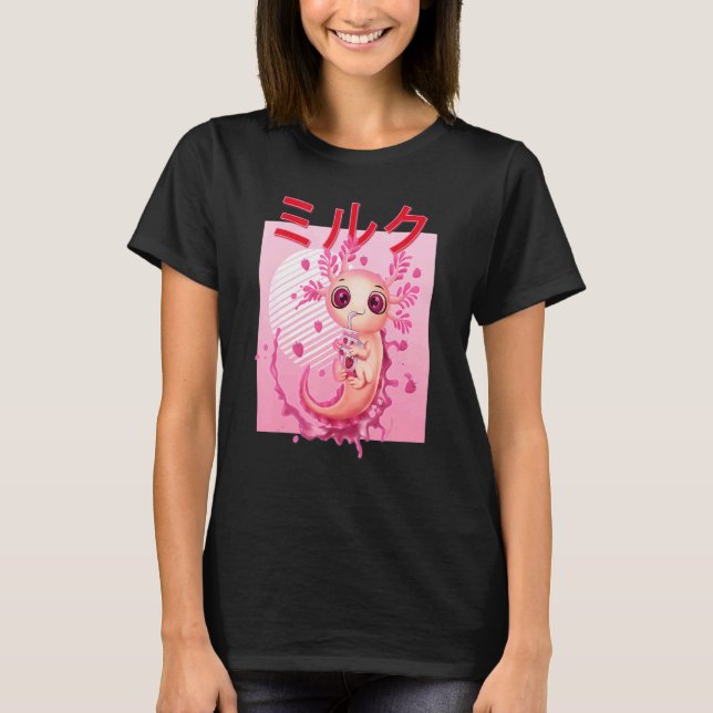 Camiseta Axolotl Bebendo Morango Leite Rosa Plush Salama (Frente)