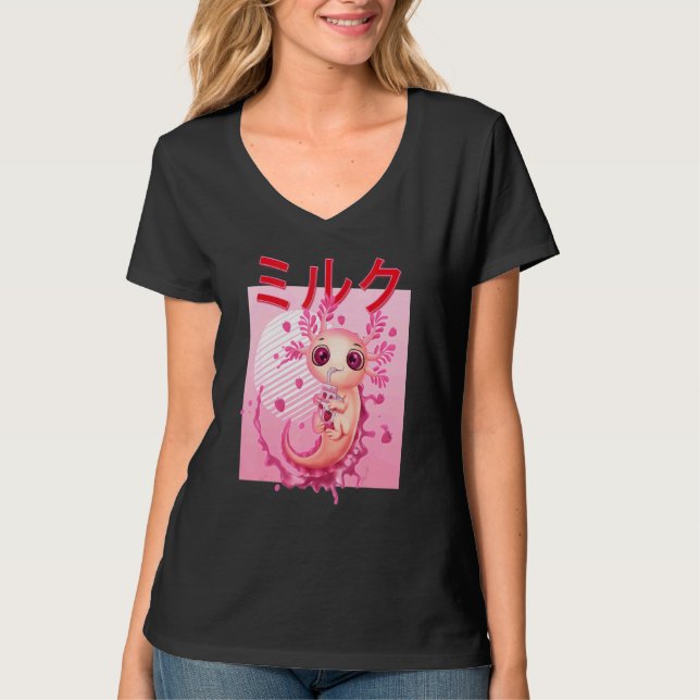 Camiseta Axolotl Bebendo Morango Leite Rosa Plush Salama (Frente)