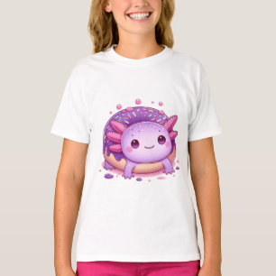 Camiseta Axolotl come rosquinhas roxas.