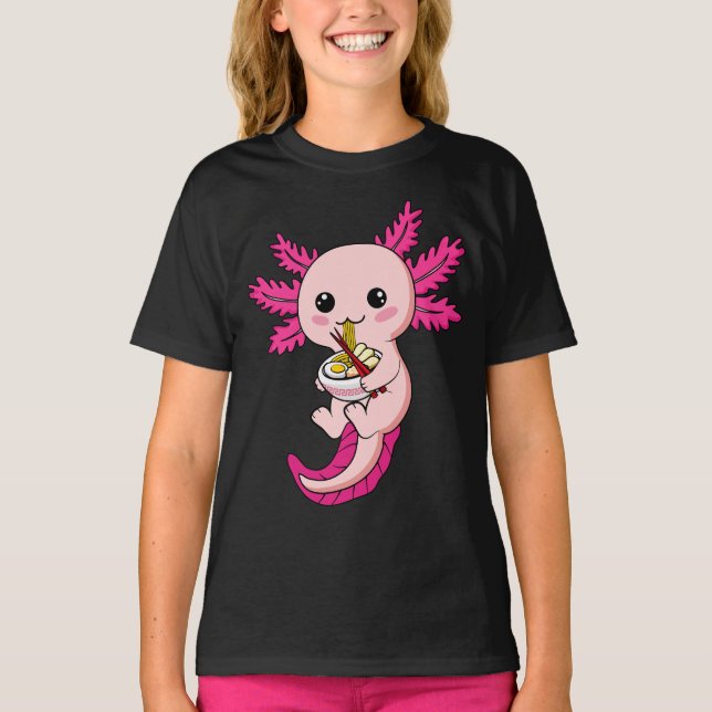 Camiseta Axolotl Comendo Ramen Noodles Kawaii Anime Girl (Frente)