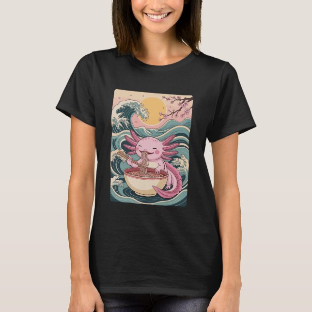 Camiseta Axolotl Eating Noodles Cute Kawaii Japanese Ramen  (Frente)