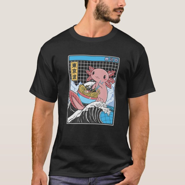 Camiseta Axolotl Eating Ramen Kanagawa Wave Kawaii Anime Va (Frente)