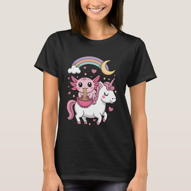 Camiseta Axolotl Eating Ramen Noodles Cute Kawaii Kids Teen (Frente)