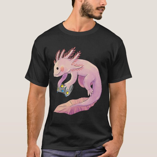 Camiseta Axolotl Fish Jogando Vídeo Jogo White Axolotl Liza (Frente)