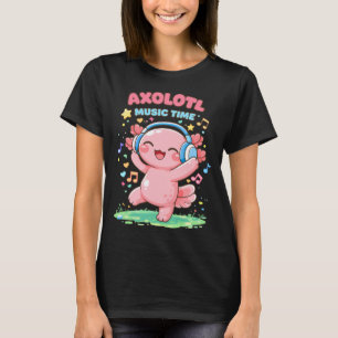 Camiseta Axolotl Fofo Ouvindo Música em Estilo Divertido Ka
