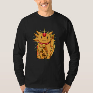 Camiseta Axolotl Maneki Neko Japonês Gato Sortudo Acenando 
