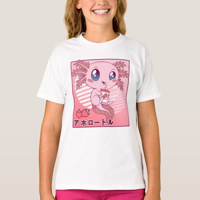 Camiseta Axolotl Strawberry Milk Retro Kawaii Japão Axolotl (Frente)