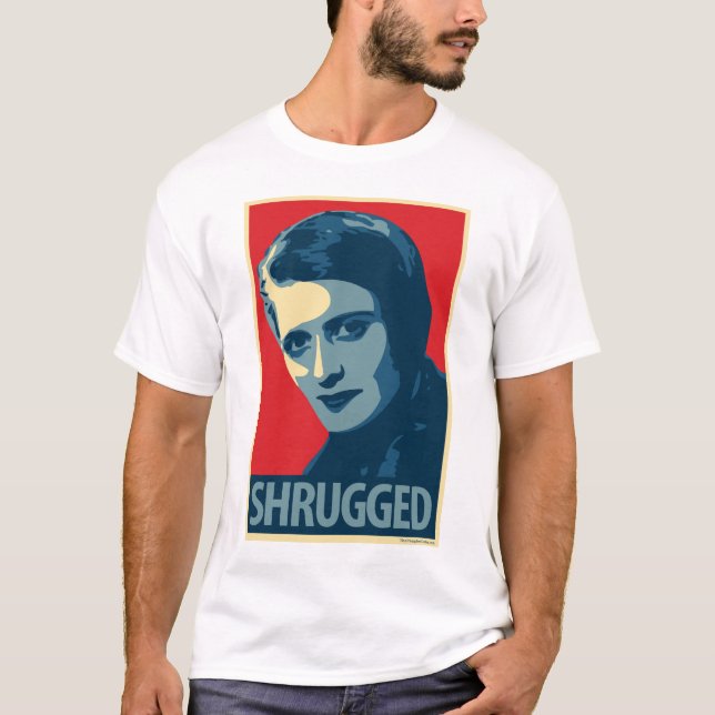 Camiseta Ayn Rand: Shrugged (t-shirt da paródia do poster (Frente)