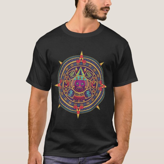 Camiseta Aztec Calendário Sun Stone Arte Mexicana Esculpind (Frente)