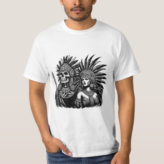 Camiseta Aztec Skeleton Warrior com Princesa Mulheres Arte (Frente)
