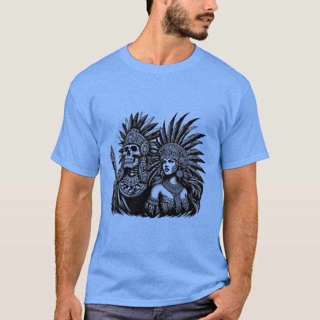 Camiseta Aztec Skeleton Warrior com Princesa Mulheres Arte (Frente)