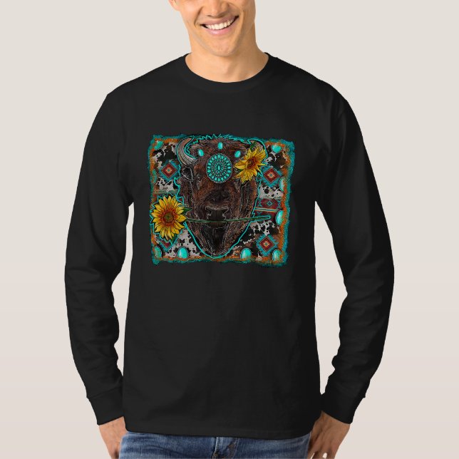 Camiseta Aztec Turquoise Sunflower bison Western Rodeo Boho (Frente)