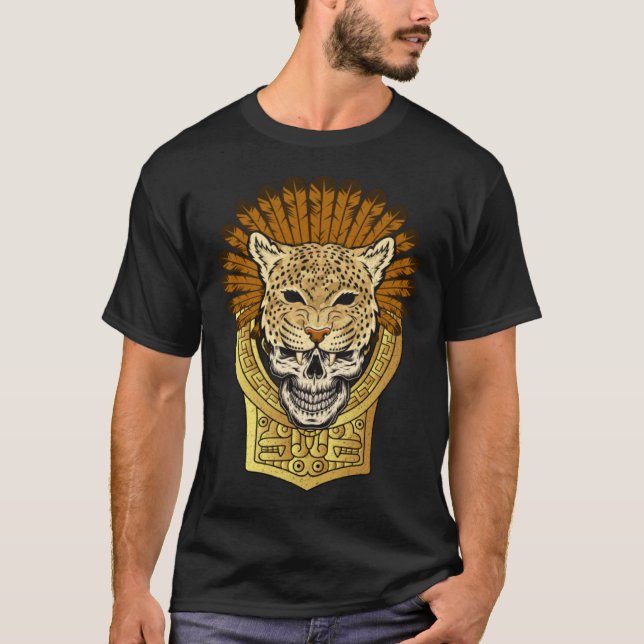 Camiseta Aztec Warrior Jaguar Death Skull Native Headdress (Frente)