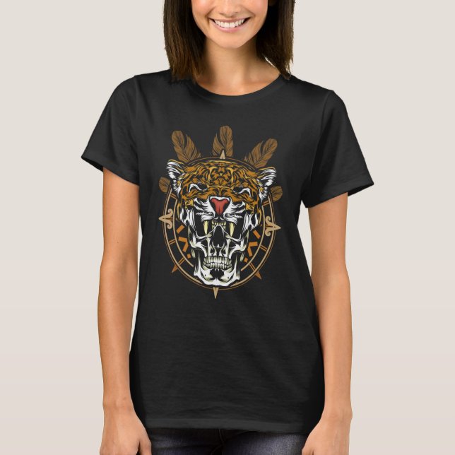 Camiseta Aztec Warrior Jaguar Death Skull Native Headdress (Frente)