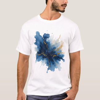 Camiseta Azul Abstrato Salpico de Tinta Dourada