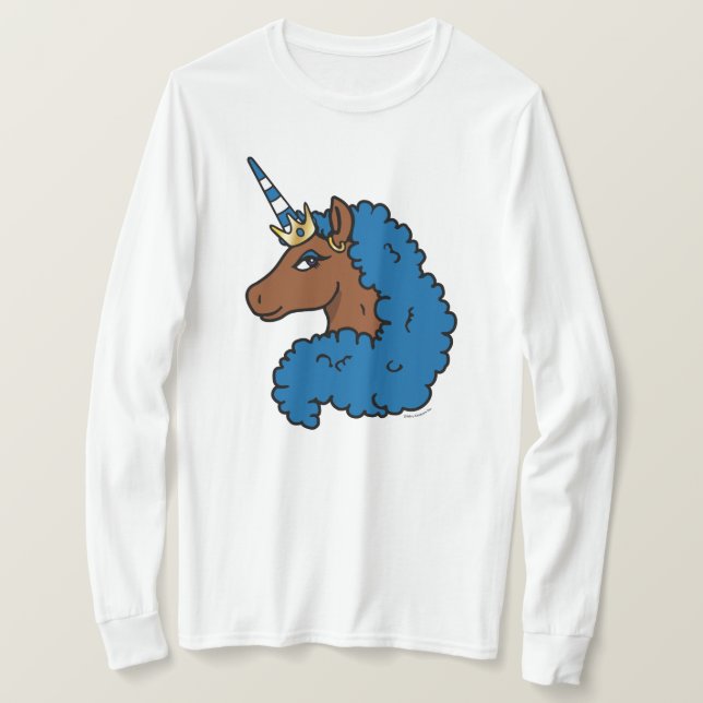 Camiseta Azul Afro Unicorn (Frente do Design)