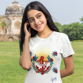 Camiseta Azul ancorado vermelho floral náutico