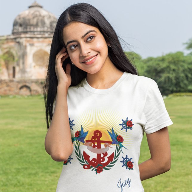 Camiseta Azul ancorado vermelho floral náutico (Criador carregado)