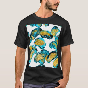 Camiseta Azul aquarela, turquesa, arte dourada.