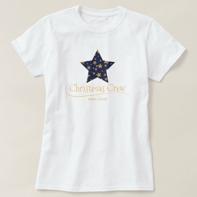 Camiseta Azul branco, Dourada estrela mãe, Natal personaliz (Frente do Design)