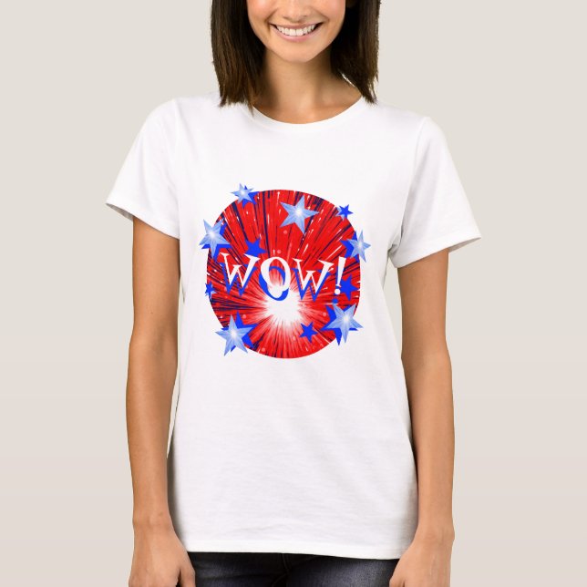 Camiseta Azul branco vermelho "wow do fogo-de-artifício!" (Frente)