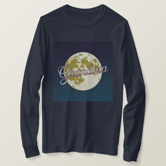 Camiseta Azul Céu Lua Avó Script Dourado Rosa (Frente do Design)