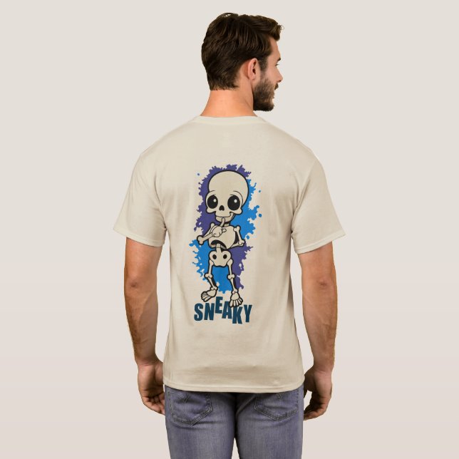 Camiseta Azul com Estampa de Esqueleto Fofo e Sorr (Parte Traseira Completa)