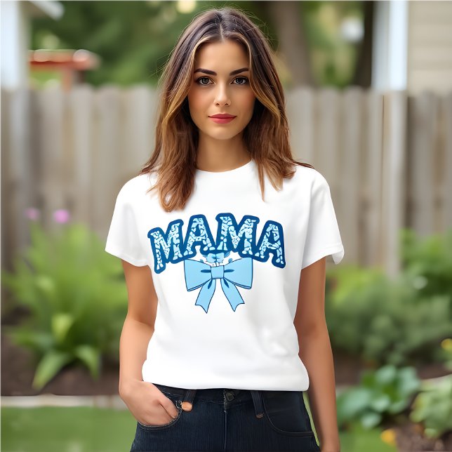 Camiseta Azul Coquette Mama (White MAMA Bow T-shirt .)